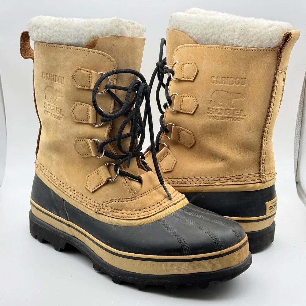 Sorel Caribou Snow Boots Mens 10 Tan Waterproof Leather Faux Fur Winter